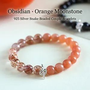 Elegant 925 silver snake charm beaded bracelet with natural sunstone and obsidian