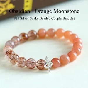 925 silver snake beaded bracelet with orange sunstone and rutilated quartz for women