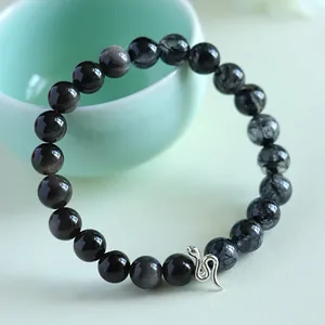 925 silver snake charm beaded bracelet with black rutilated quartz and obsidian beads
