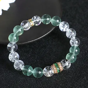 Elegant natural green fluorite and clear quartz beaded bracelet with gold accents