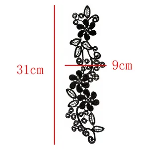 Écusson brodé floral en dentelle noire hydrosoluble 31x9cm pour accessoires vêtements