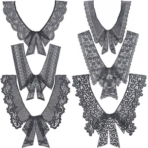 Detailed view of various water-soluble lace embroidered collars with bow designs