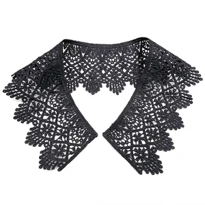 Detailed macro view of black water-soluble lace embroidery doll collar for women.