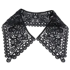 Detailed view of black hollow-out water-soluble lace doll collar with intricate embroidery