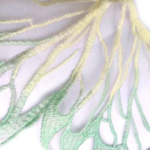 Macro detail of delicate butterfly wing embroidery on white lace mesh for DIY crafts