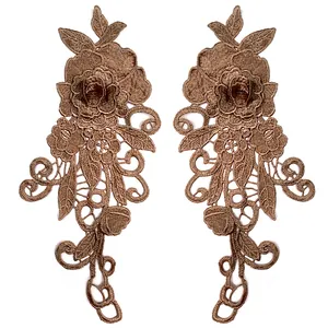 Detailed symmetric pair of brown 3D water-soluble lace floral patches for DIY clothing accessories