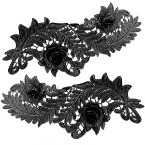 Detailansicht symmetrischer schwarzer 3D-Spitzenstickerei-Blumenpatches für DIY-Mode.
