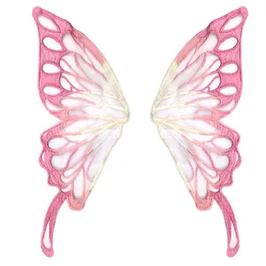 Detailed macro view of pink and yellow gradient butterfly embroidery lace appliques