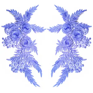 Detailed view of symmetrical lavender 3D lace floral embroidery patch for DIY apparel