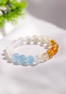 Detalle macro que muestra cuentas de aguamarina natural y cristal amarillo de la pulsera