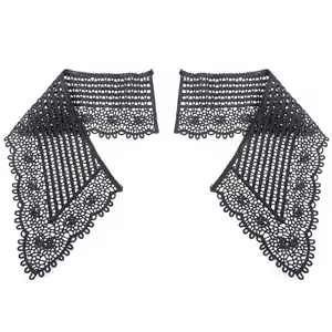 Macro view of black water-soluble hollow embroidery lace collar showing intricate floral patterns