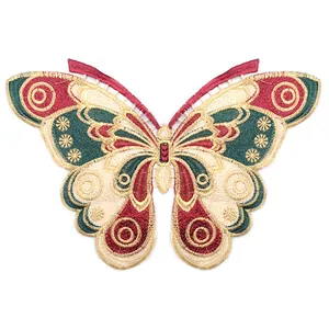 Close-up of intricate heavy-duty butterfly embroidery patch with gold thread and lace details