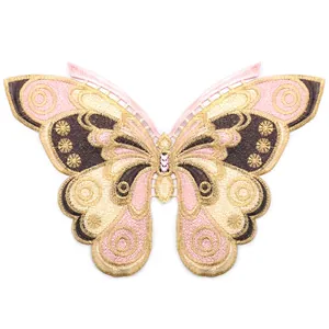 Detailed macro view of a large gold and pink butterfly embroidered lace collar patch