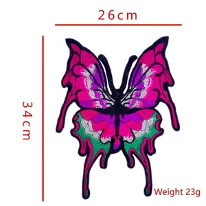 Macro detail of large colorful butterfly lace embroidery patch with size annotations