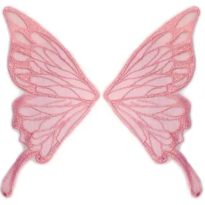 Detailansicht von rosa Schmetterlingsflügel-Spitzenaufnähern mit Stickerei auf Netz