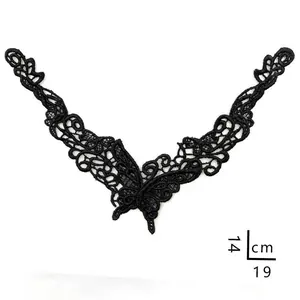 Close-up of black water-soluble butterfly lace embroidery patch with 14x19cm dimensions