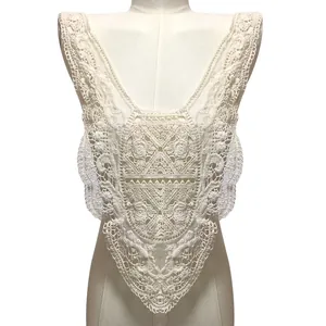 Close-up of elegant white embroidered floral lace collar patch for clothing DIY and sewing projects