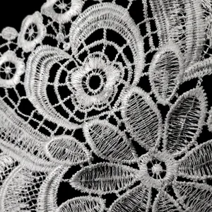 Détail macro du col en dentelle blanche soluble dans l'eau avec motif floral ajouré DIY