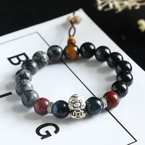 Silver zodiac snake beaded bracelet with black agate and tiger eye stones for luck