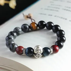 999 silver lucky snake zodiac year black agate and blue tiger eye beaded bracelet