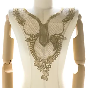 Detailed view of luxury golden embroidered lace fake collar applique on a mannequin