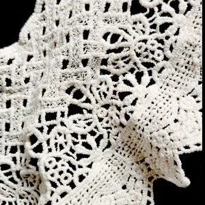 Macro view showing the intricate texture of white cotton embroidered lace collar