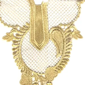 Macro detail of gold thread embroidered lace collar with intricate hollow mesh pattern