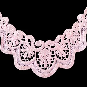 Close-up of pink milk silk water-soluble embroidered lace collar with hollowed patterns
