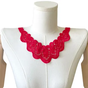 Detailed close-up of red water-soluble embroidery lace fake collar with floral pattern for DIY
