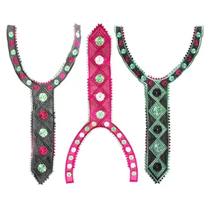 Three decorative embroidered lace collar patches with floral neckline applique designs