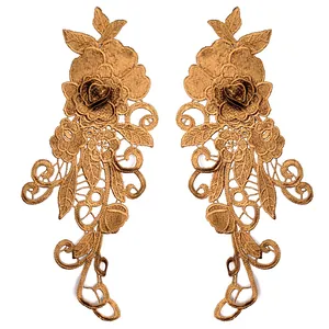 Pair of symmetrical 3D bronze floral lace appliques with intricate hollow embroidery detail