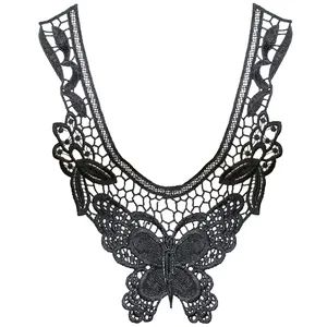 Detail of black butterfly embroidered lace collar applique for garment decoration.