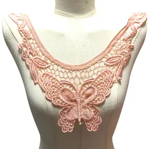 Delicate peach water-soluble lace collar with intricate butterfly embroidery detail