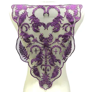 Detail view of a deep purple scorpion embroidered mesh lace back collar applique for clothing.