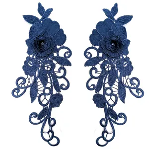 Detailed view of navy blue 3D water-soluble lace floral appliques for DIY clothing