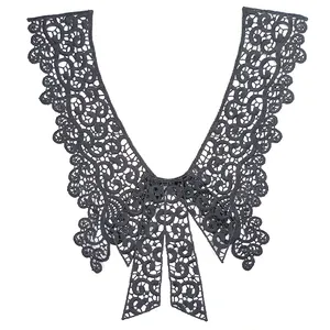Close-up detail showing intricate patterns on black bow-shaped lace embroidery fake collar