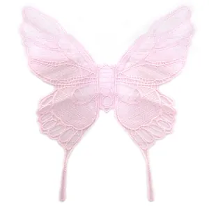 Detailed close-up view of pink lace embroidered butterfly patch applique for DIY
