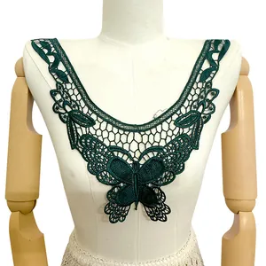 Detailed view of a dark green water-soluble lace butterfly embroidery decorative collar