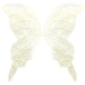 Close-up detail of beige embroidered butterfly wing lace patch with mesh backing