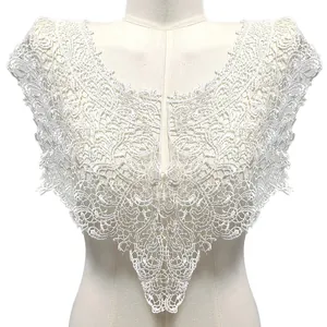 Women Elegant White Polyester Water Soluble Embroidered Fake Collar Delicate Hollow Out Lace Patch For Dresses V Neck DIY Clothing Accessory
