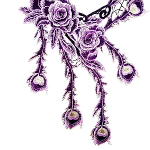 Aufwendiger lila 3D-Rosenstickerei-Spitzenkragen-Aufnäher für elegante Kleidung
