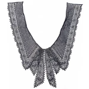 Dark grey embroidered lace fake collar with bow detail for garment decoration