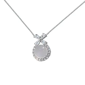 Elegante collana S925 argento sterling fiore anello ciondolo agata bianca per donna