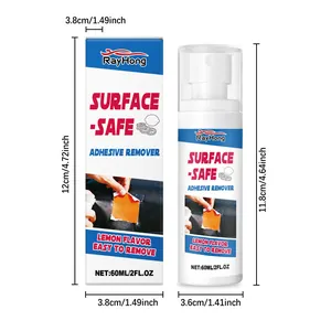 Detail view of 60ml adhesive remover spray bottle and box with precise size dimensions