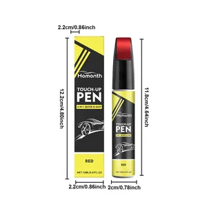 Precise dimensions for the red automotive touch-up pen and its protective packaging box.