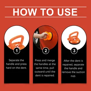 Detailed macro view showing the three-step usage guide for an orange car dent puller.
