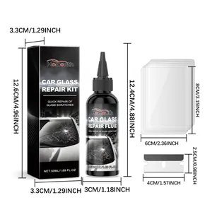 Detailed dimensions of the nano car glass repair fluid kit components in inches