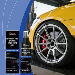 Spray rigenerante Homonth 100ml per parti cromate mostrato con cerchio auto giallo