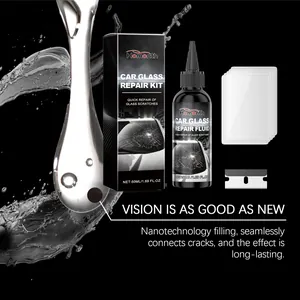 Macro detail of car glass repair fluid kit with nanotechnology for windshield crack repair