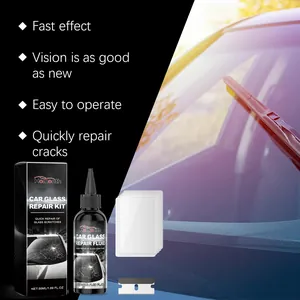 Car glass repair fluid kit with curing films and razor blade for windshield cracks